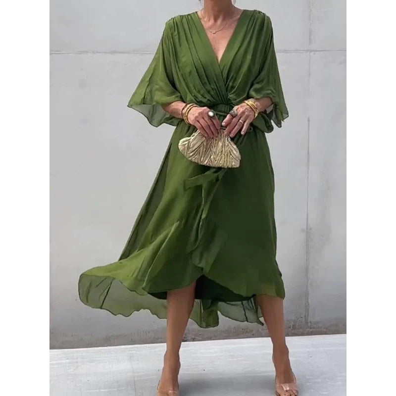 Women's Bat Sleeve V-Neck Chiffon Maxi Dress | High Waist Irregular Hem