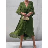 Women's Bat Sleeve V-Neck Chiffon Maxi Dress | High Waist Irregular Hem