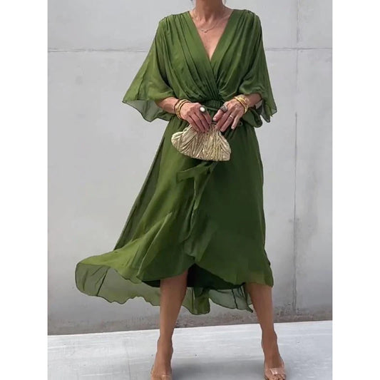 Women's Bat Sleeve V-Neck Chiffon Maxi Dress | High Waist Irregular Hem
