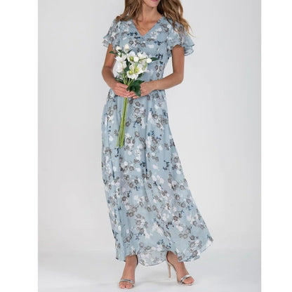 Women's Chiffon Floral Print Ruffle Maxi Dress | V-Neck Short Sleeve Summer Dress