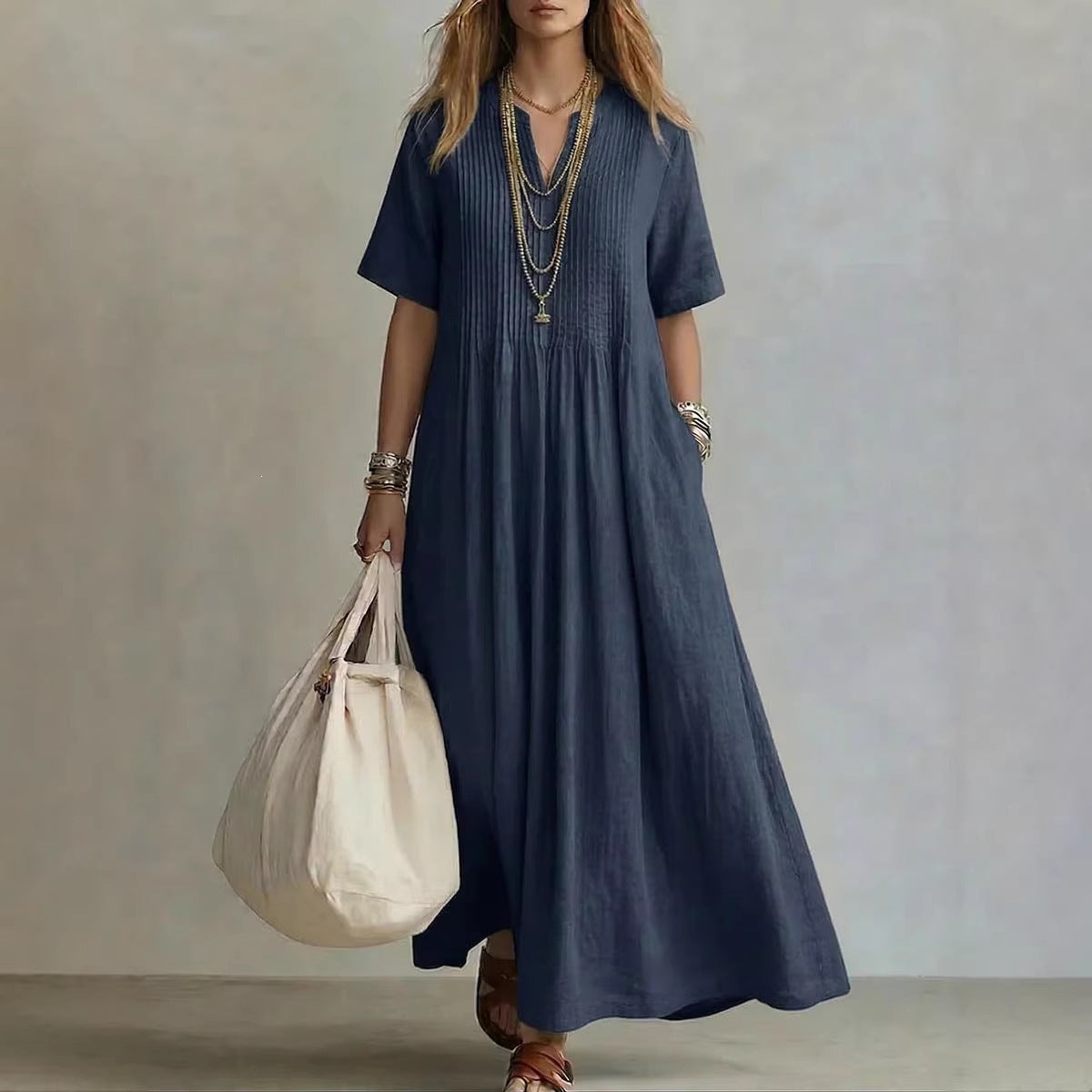 Women's Cotton Linen V-Neck Maxi Dress | Boho Casual Summer Dress