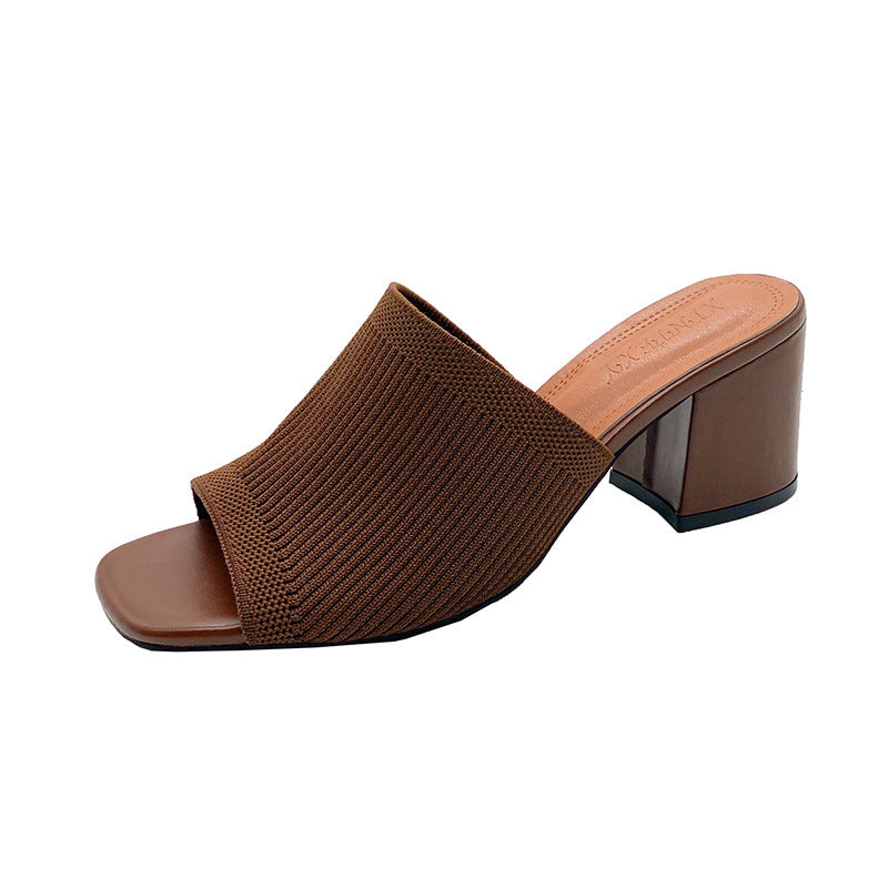Women's Open Toe Knit Block Heel Sandals | Chunky Wedge Slip-On Heels