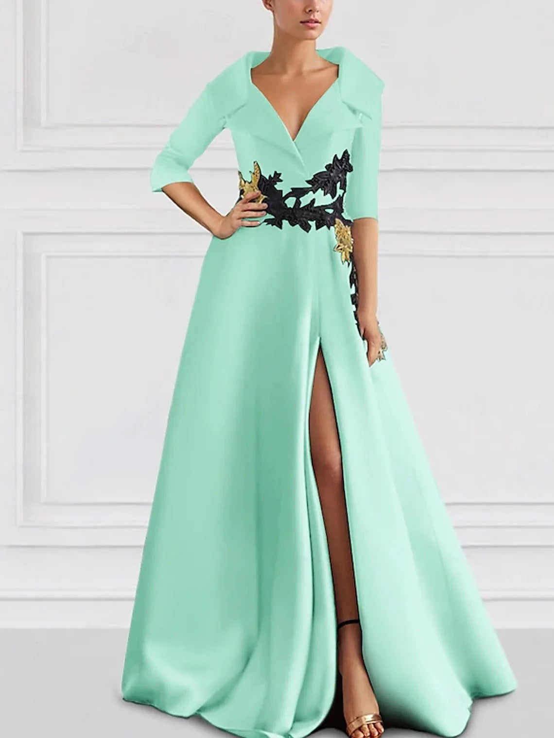 Women's V-Neck Long Sleeve High Slit Evening Gown | A-Line Formal Maxi Dress