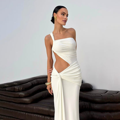 Women's One-Shoulder Ruched Backless Maxi Dress | Sleeveless Evening Gown