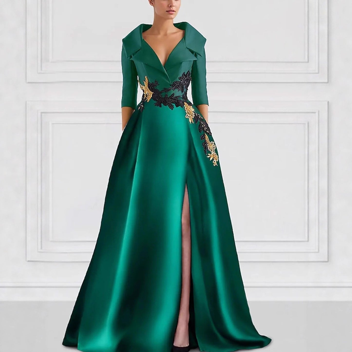 Women's V-Neck Long Sleeve High Slit Evening Gown | A-Line Formal Maxi Dress