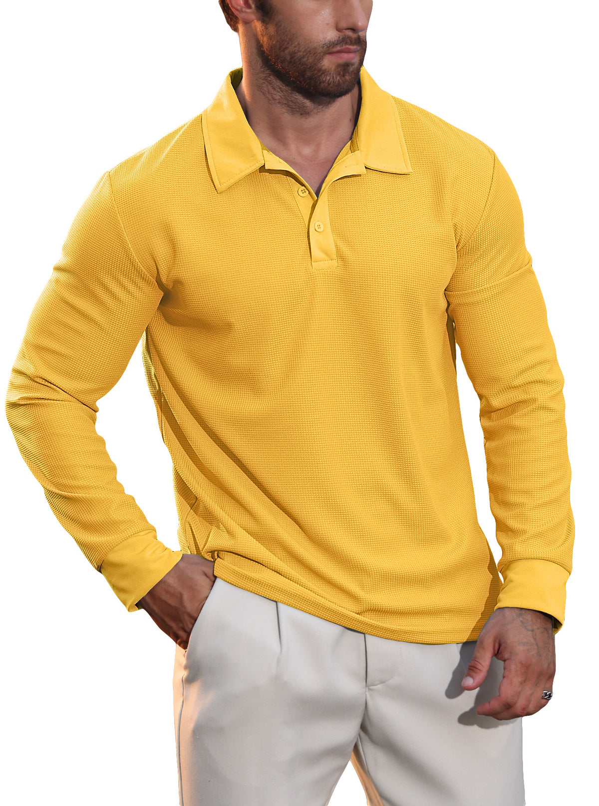 Men's Waffle Knit Long Sleeve Polo Shirt | Textured Casual Collar Top