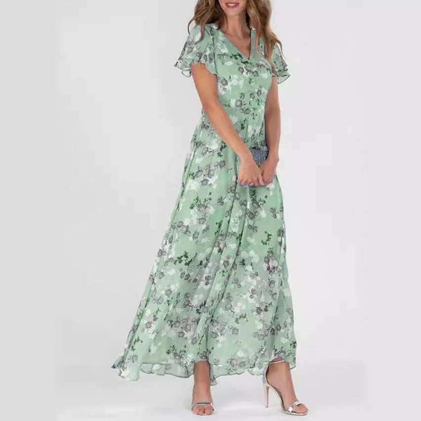 Women's Chiffon Floral Print Ruffle Maxi Dress | V-Neck Short Sleeve Summer Dress