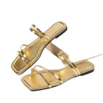 Women's Square Toe Strappy Sandals | Gold Thin Strap Beach Flats