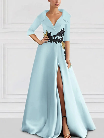 Women's V-Neck Long Sleeve High Slit Evening Gown | A-Line Formal Maxi Dress