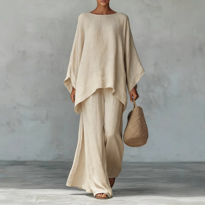Women's Cotton Linen Wide Leg Pants & Top Set | Casual Resort Suit