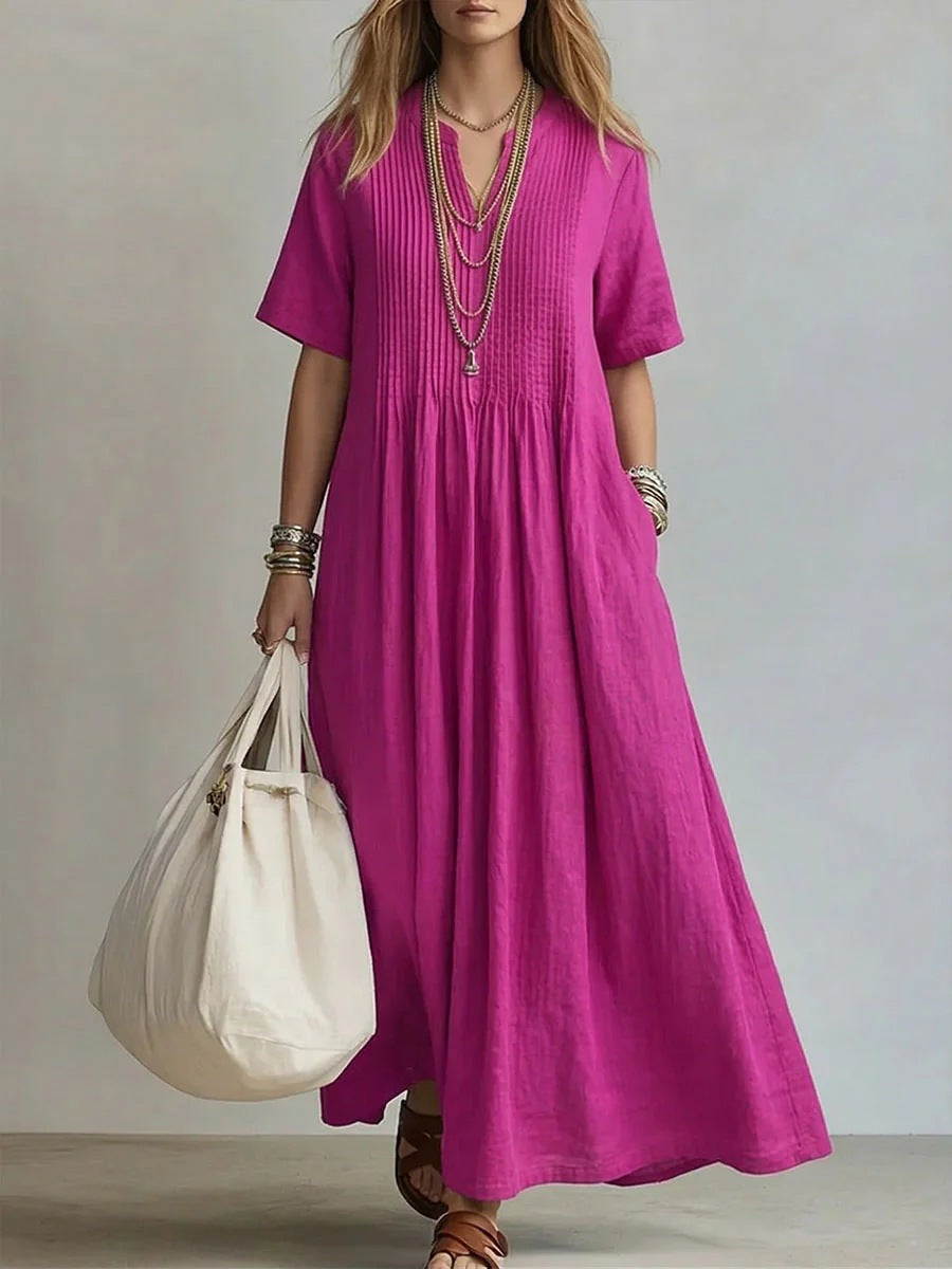 Women's Cotton Linen V-Neck Maxi Dress | Boho Casual Summer Dress