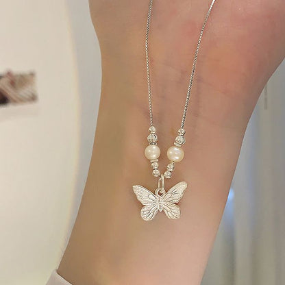 Butterfly Pearl Bow Pendant Necklace | Alloy Clavicle Chain Jewelry
