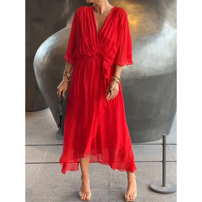 Women's Bat Sleeve V-Neck Chiffon Maxi Dress | High Waist Irregular Hem