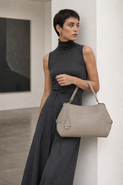Light gray genuine leather shoulder bag lifestyle photo