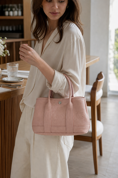 Model carrying blush pink genuine leather tote bag
