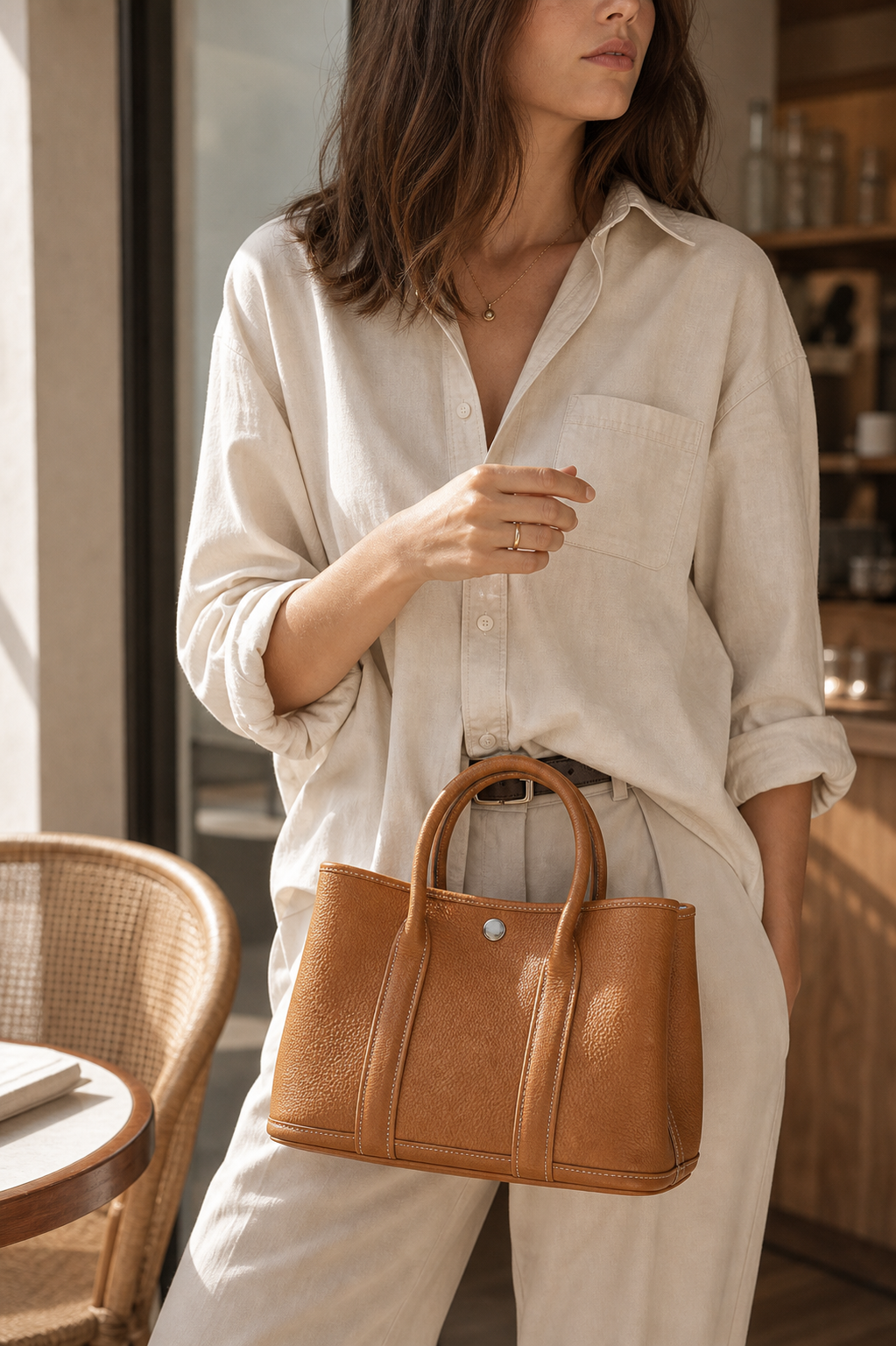 Model carrying golden brown genuine leather tote bag