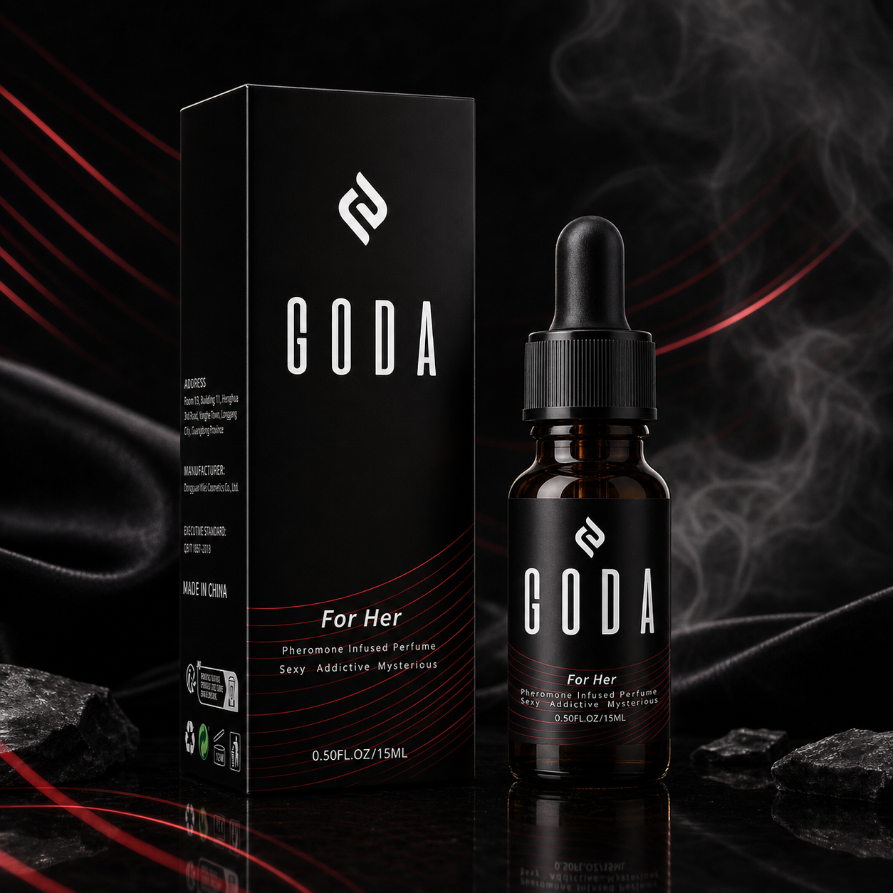 Corrected ad based on actual black dropper perfume bottle and box