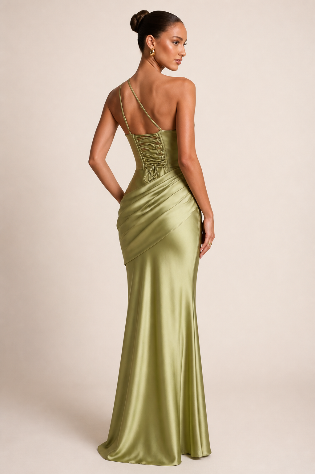 Green one-shoulder mermaid gown supplier-matched rear view
