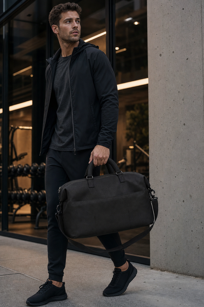 Black travel duffel lifestyle photo