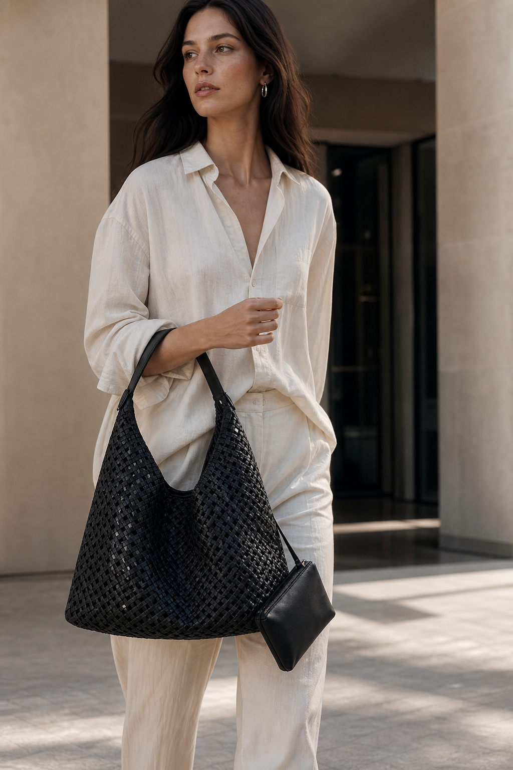 Model carrying black hollow woven bucket tote bag