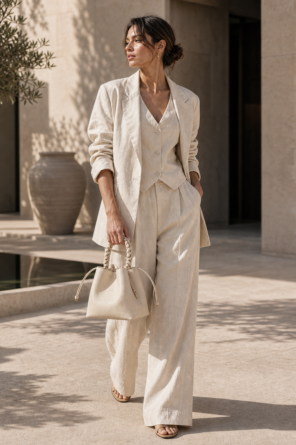 Cream leather drawstring bucket bag lifestyle photo