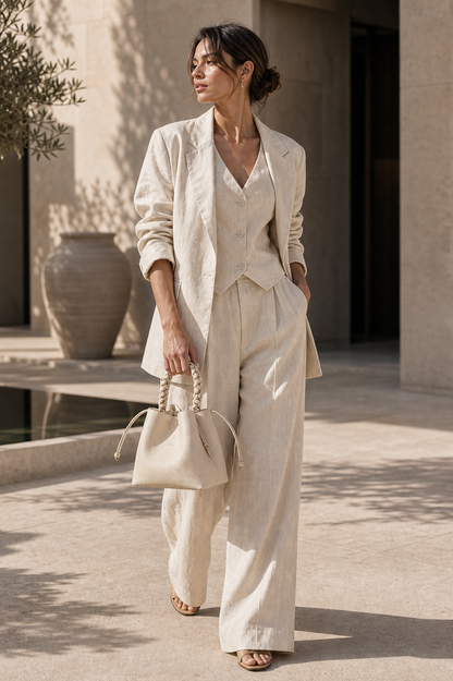 Cream leather drawstring bucket bag lifestyle photo
