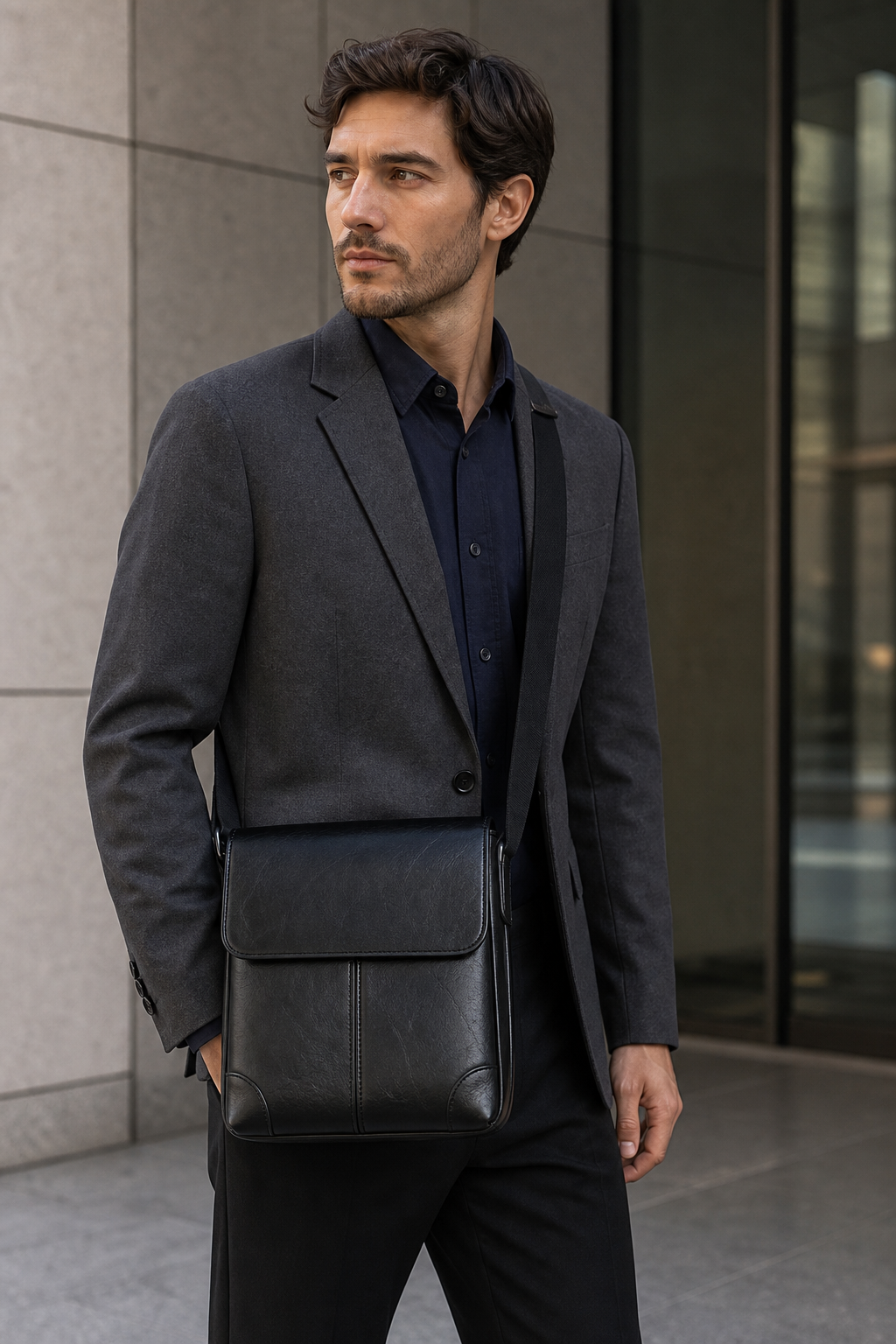 Model wearing black PU leather business shoulder bag