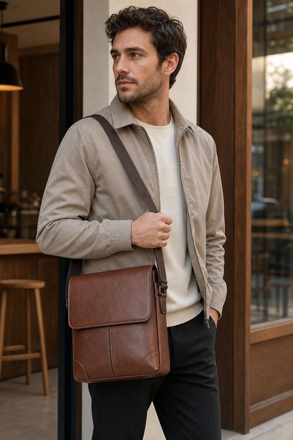Model wearing brown PU leather business shoulder bag