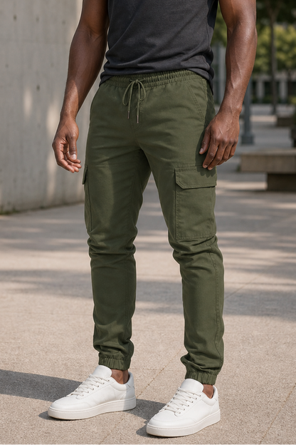 Male model wearing olive cargo jogger trousers with visible left thigh flap pocket