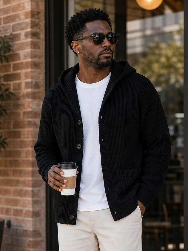 Model wearing black button-front hooded knit cardigan sweater in lifestyle setting