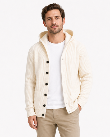 Model wearing white button-front hooded knit cardigan sweater