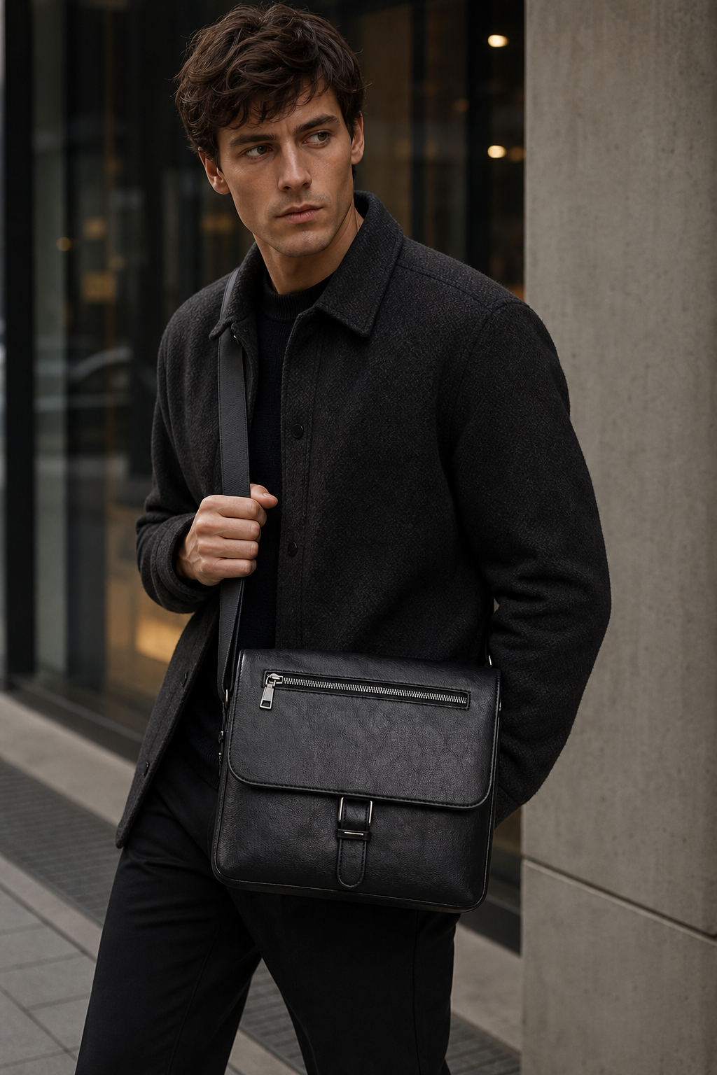 Model wearing black PU leather commuter crossbody bag