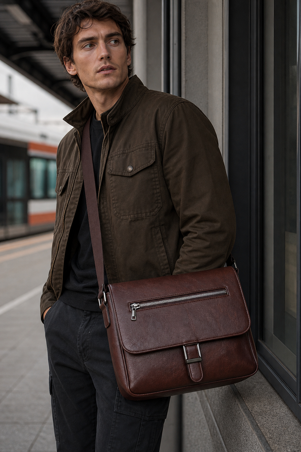 Model wearing brown PU leather commuter crossbody bag