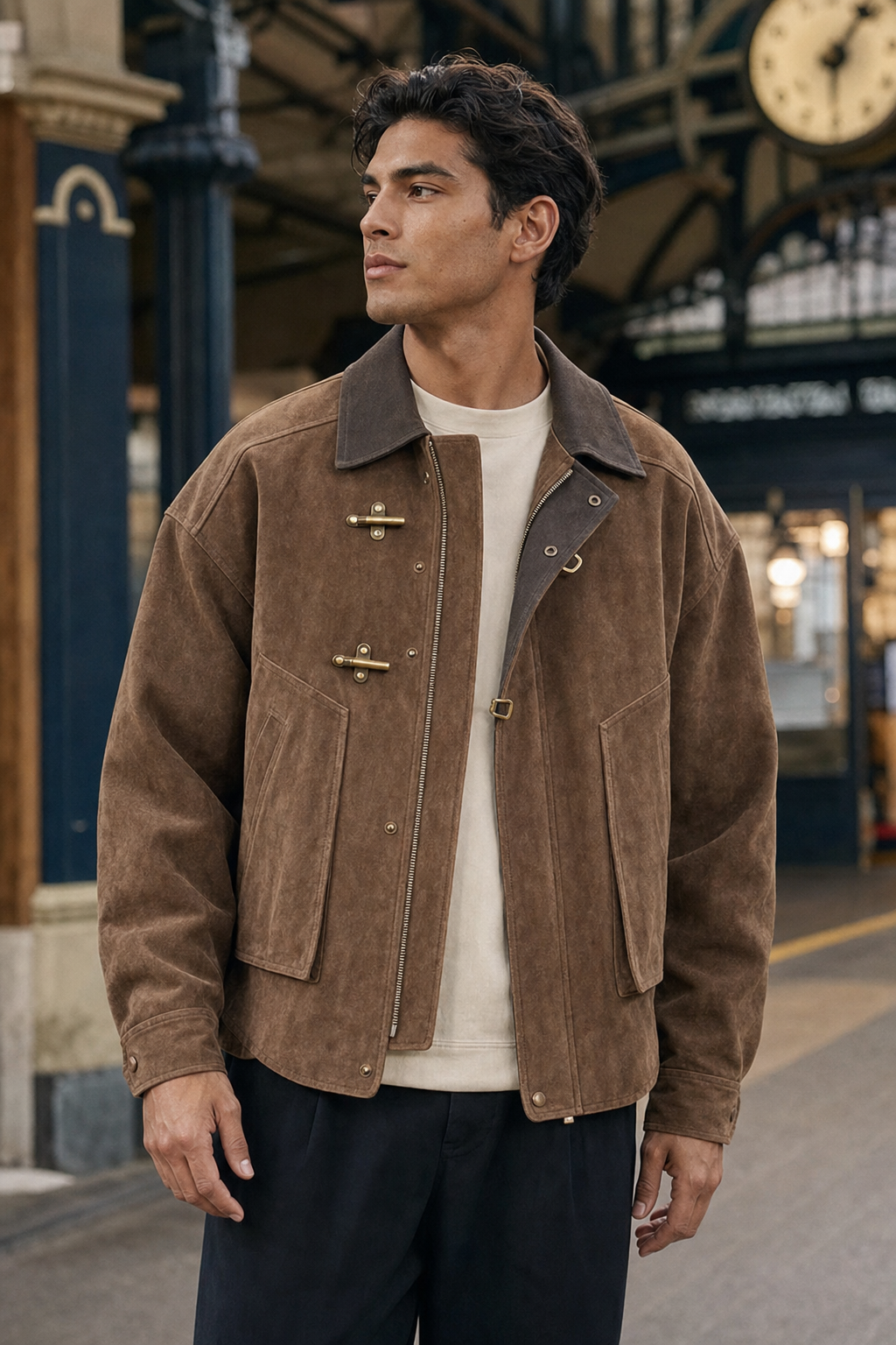 Men's Faux Suede Work Jacket | Airplane Buckle Casual Outwear Coat