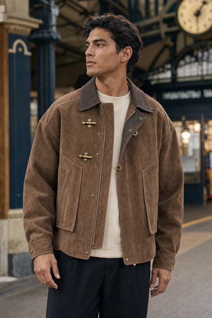 Latino male model wearing detailed brown faux-suede airplane-buckle jacket at a train station
