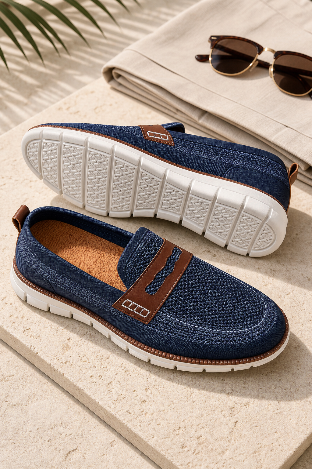 Premium product image of Men's Breathable Mesh Knit Loafers in a resort menswear setting