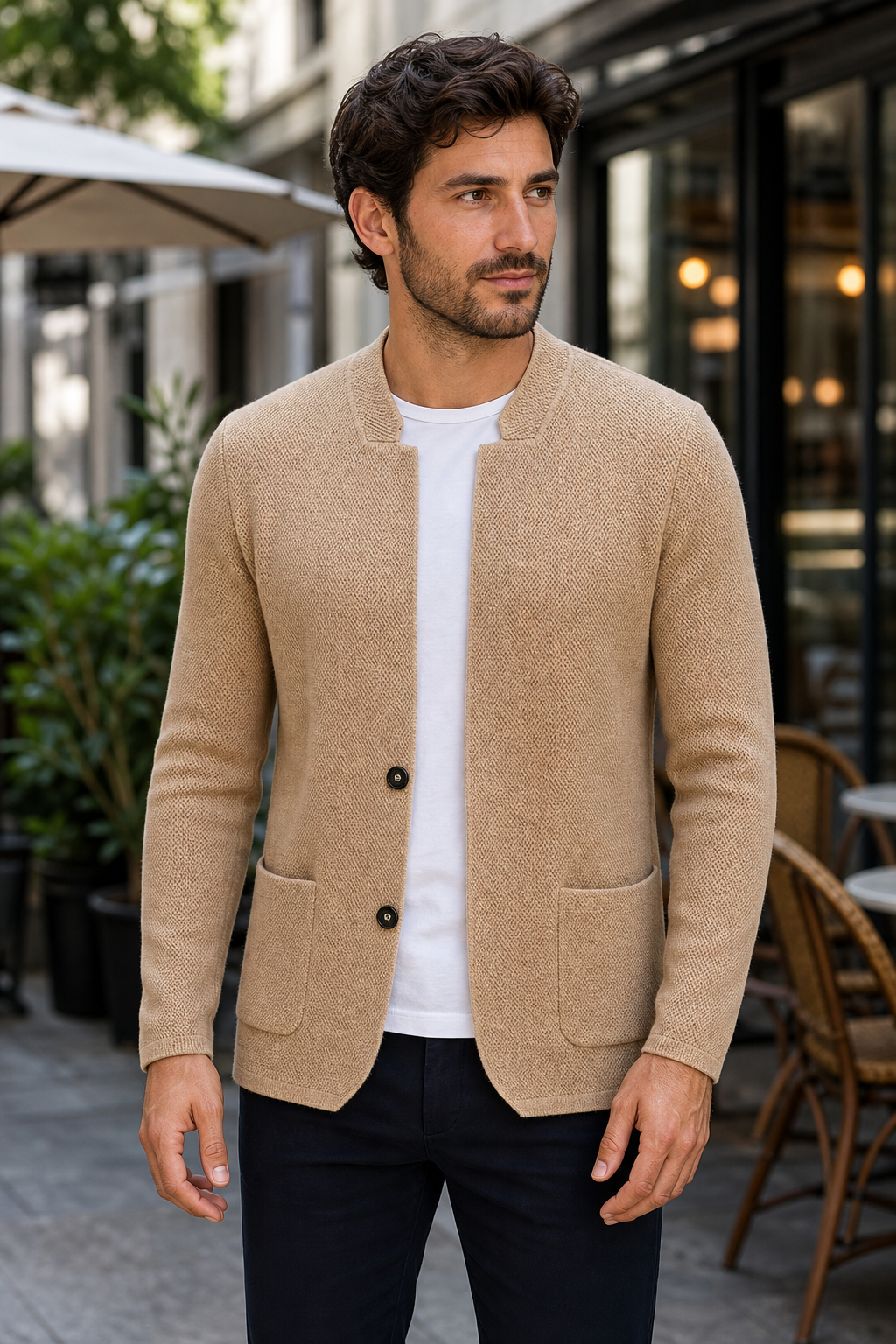 Male model wearing camel two-button knit cardigan jacket with front patch pockets