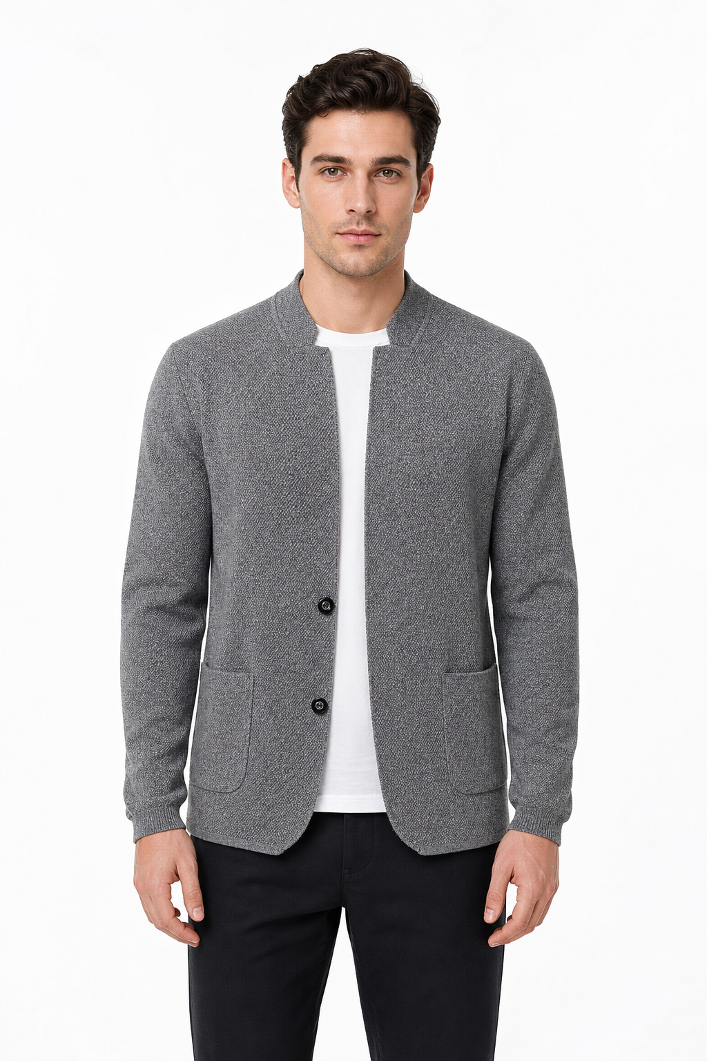 Male model wearing grey two-button knit cardigan jacket with front patch pockets