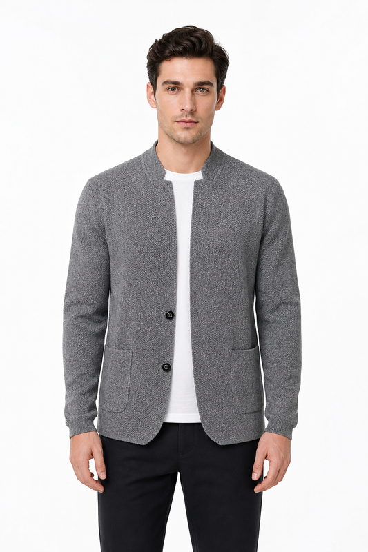Male model wearing grey two-button knit cardigan jacket with front patch pockets