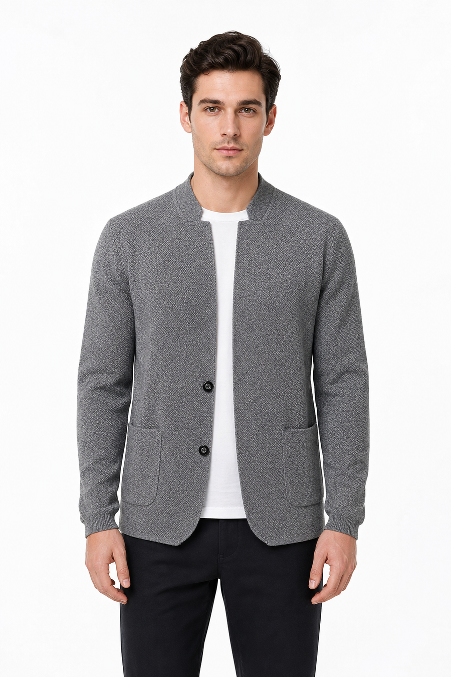 Male model wearing grey two-button knit cardigan jacket with front patch pockets
