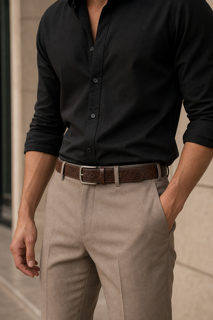 Model wearing men's dark brown PU leather pin buckle belt lifestyle photo