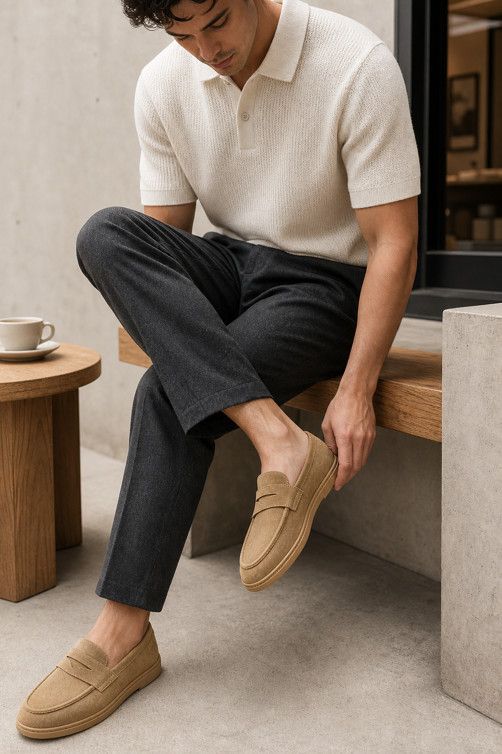 Zara-inspired lifestyle image of Men's Retro Mesh Slip-On Penny Loafers