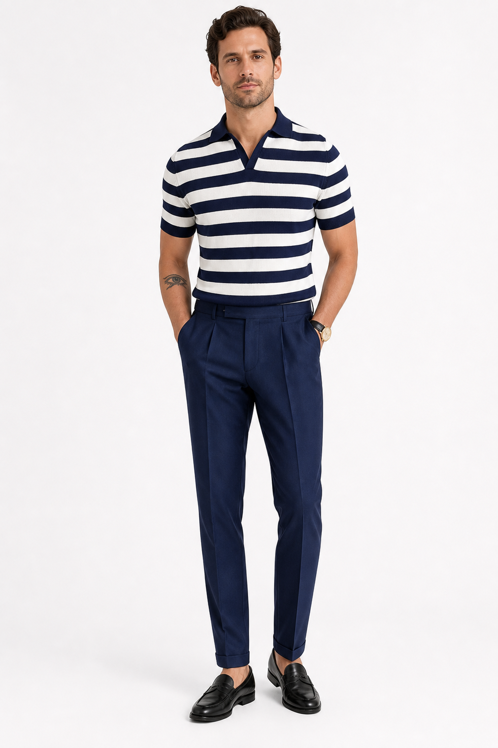 Model wearing navy and white striped short sleeve knit polo shirt