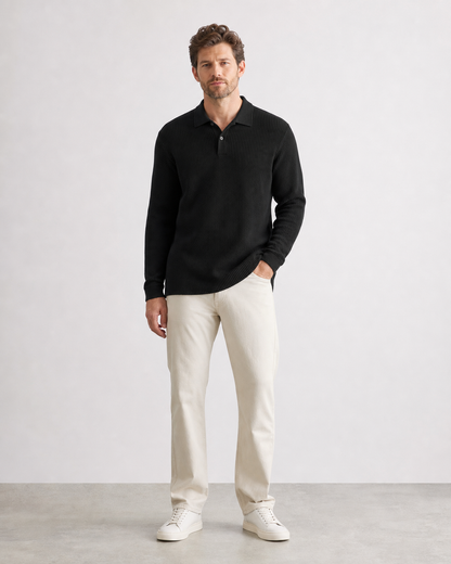Model wearing black men's waffle knit long sleeve polo shirt