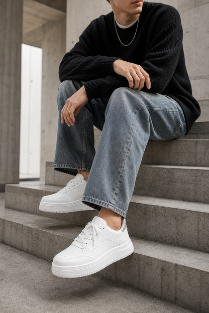 Zara-inspired lifestyle image of Men's White Court Sneakers