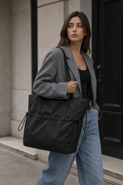 Black nylon drawstring tote lifestyle photo