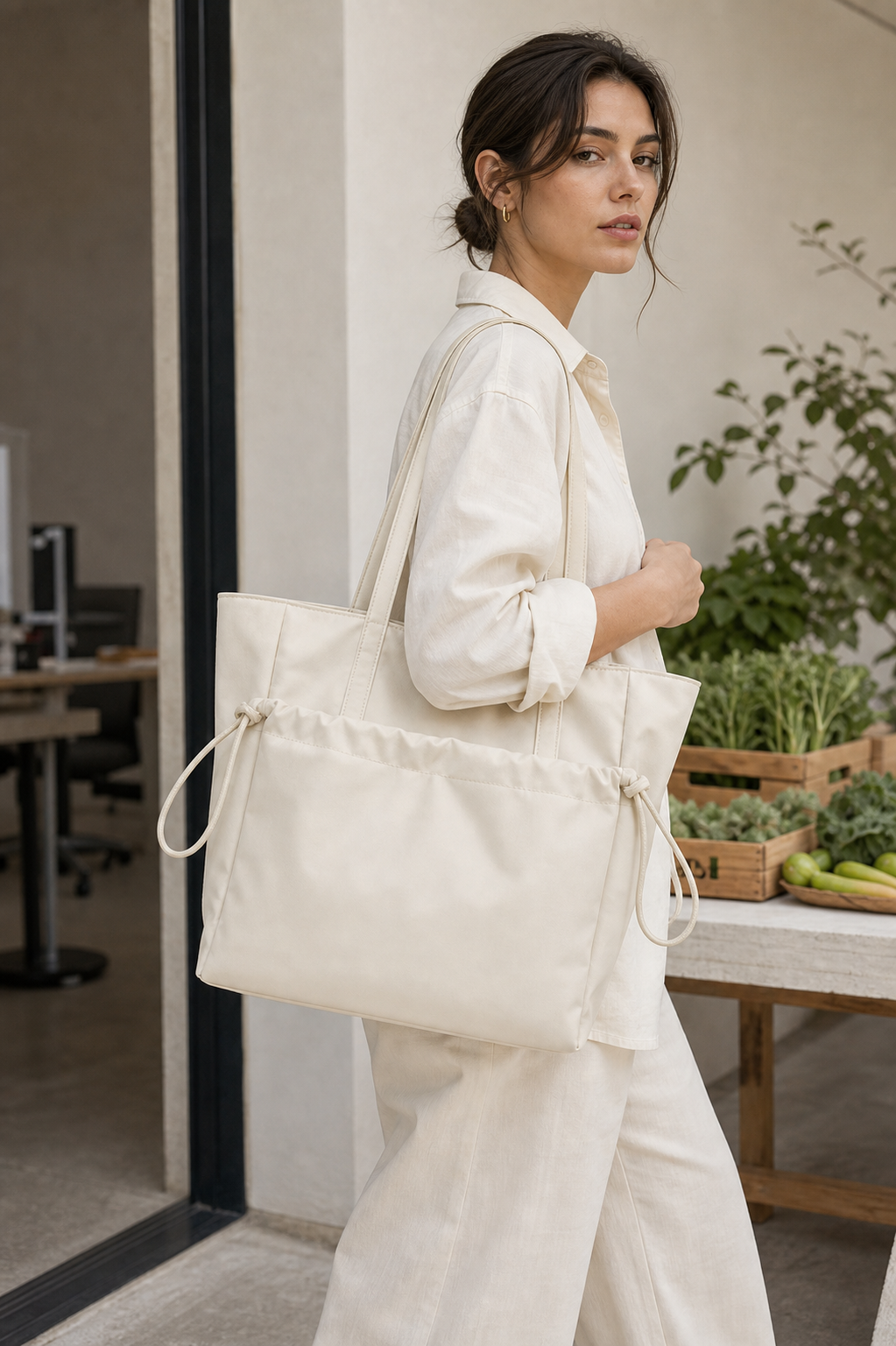 Off-white nylon drawstring tote lifestyle photo