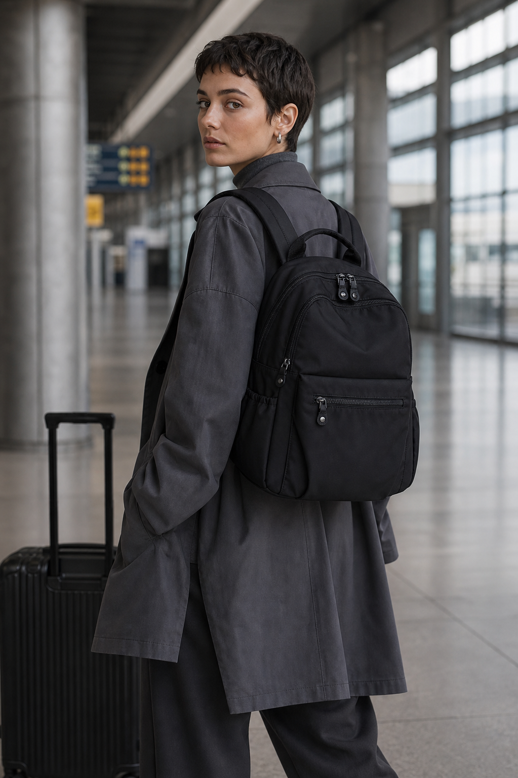 Black nylon travel backpack lifestyle photo