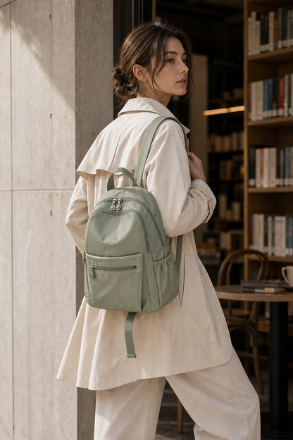 Sage green nylon travel backpack lifestyle photo