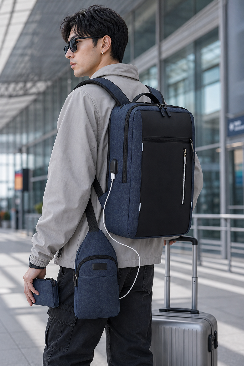 Model wearing dark blue black Oxford fabric 3-piece laptop backpack set